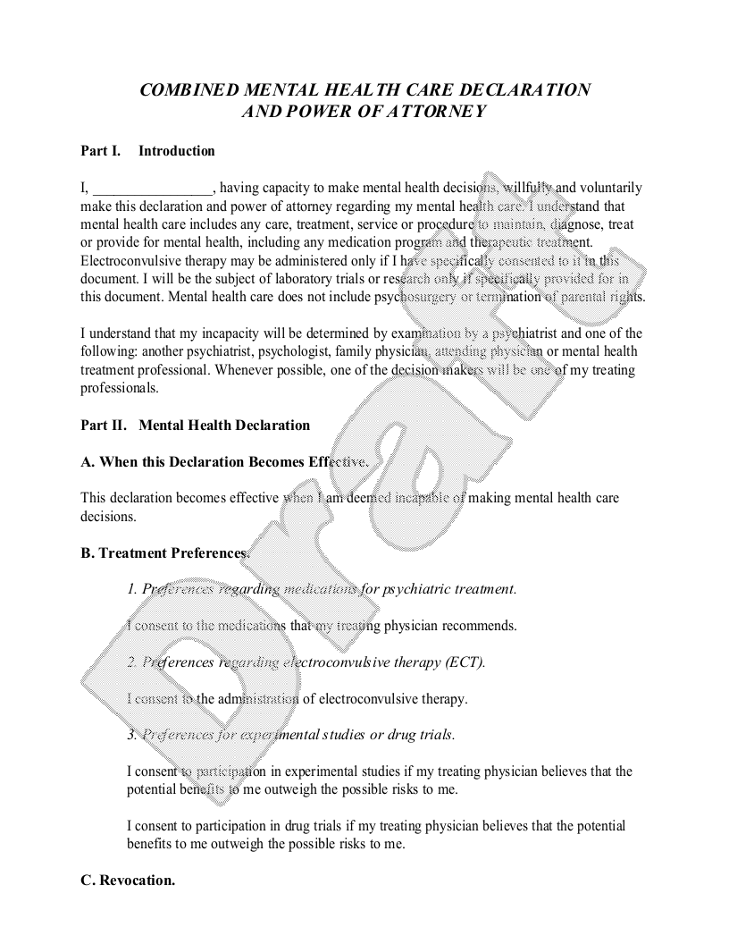 Sample Mental Health Declaration and Power of Attorney Template