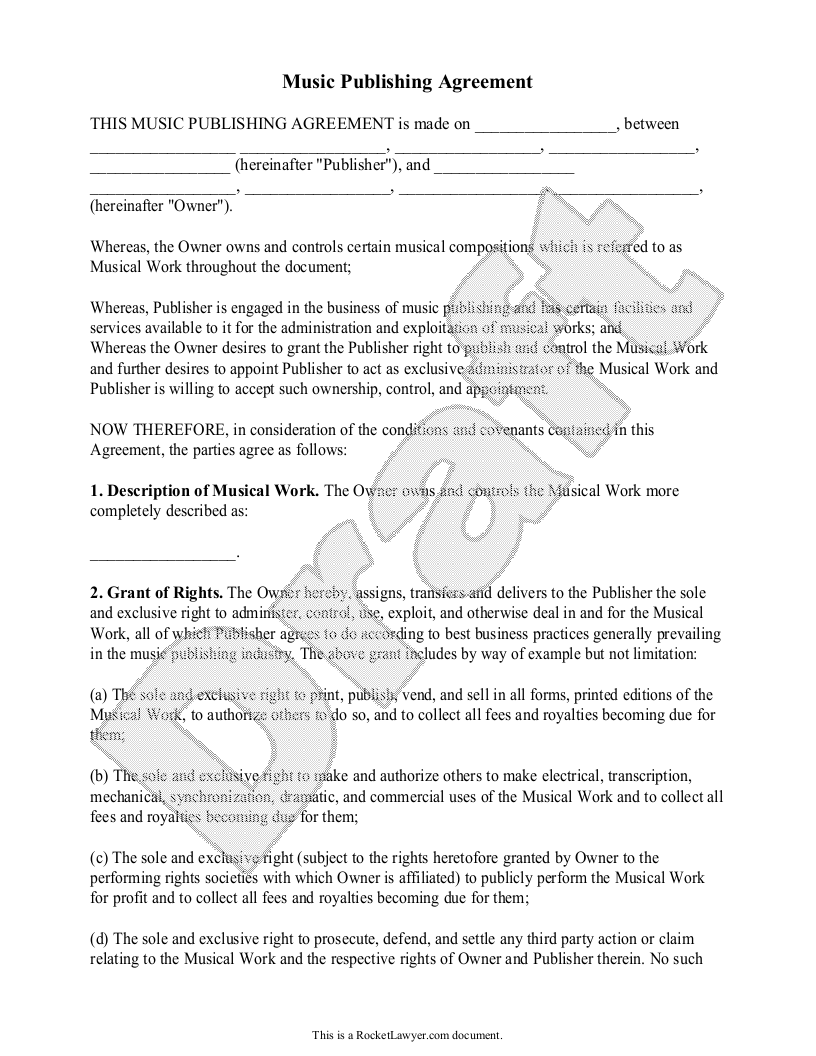 Free Music Publishing Agreement  Free to Print, Save & Download Regarding Record Label Artist Contract Template