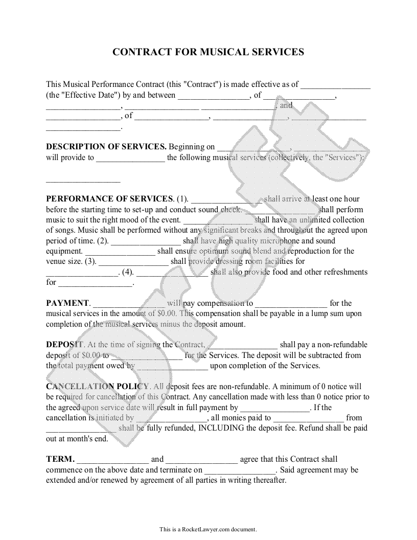 Free Musical Performance Contract  Free to Print, Save & Download Pertaining To venue hire agreement template