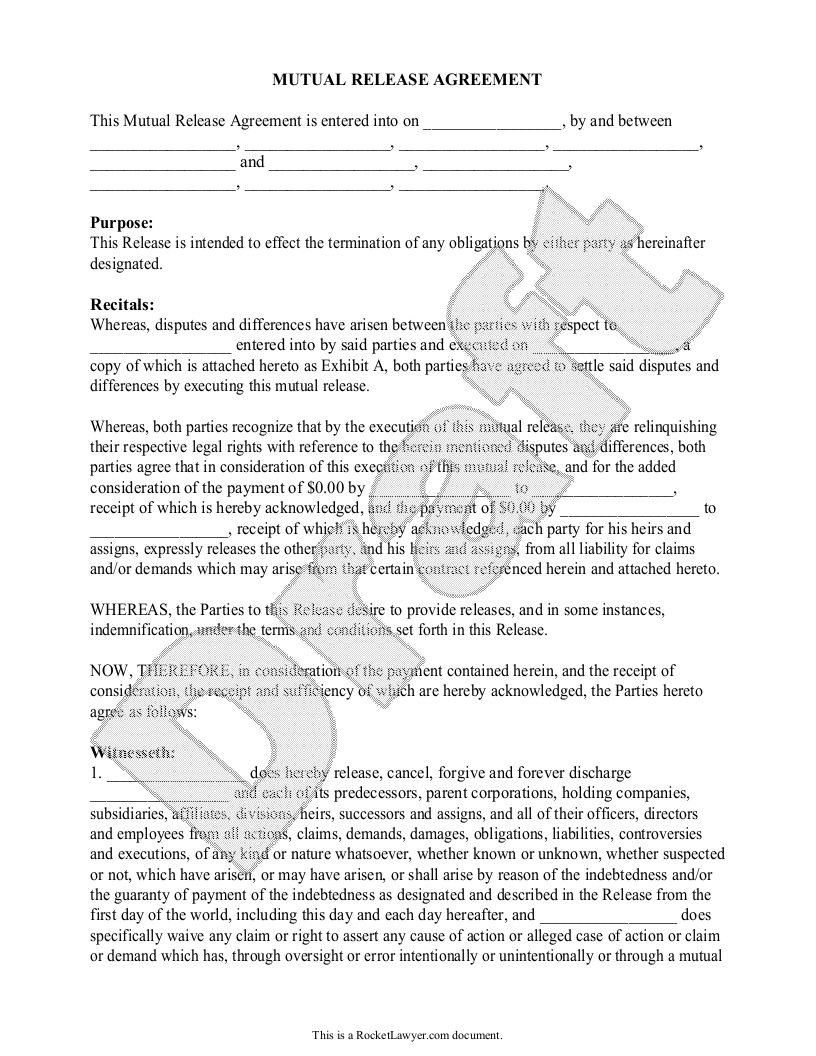Free Mutual Release Agreement  Free to Print, Save & Download With damages settlement agreement template