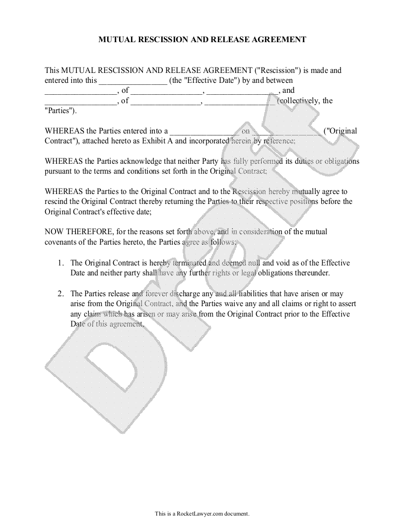 Sample Mutual Rescission and Release Agreement Template
