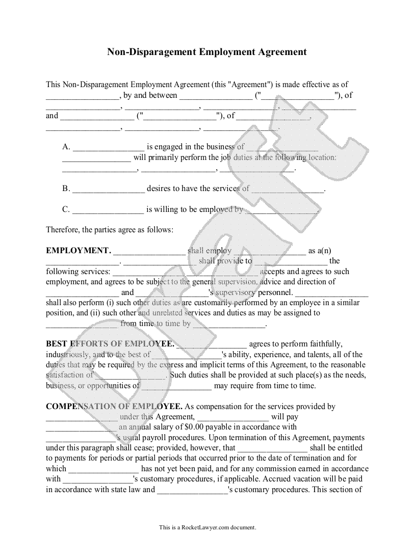 Free NonDisparagement Employment Agreement Rocket Lawyer