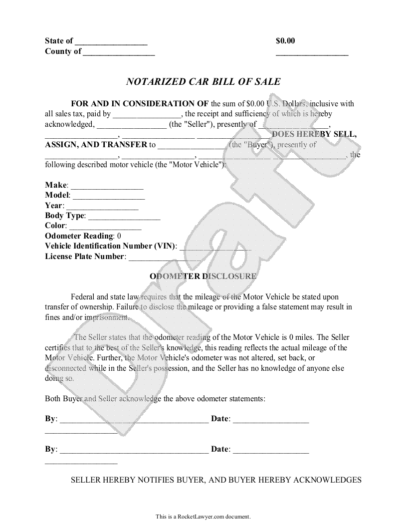 Sample Notarized Car Bill of Sale Template