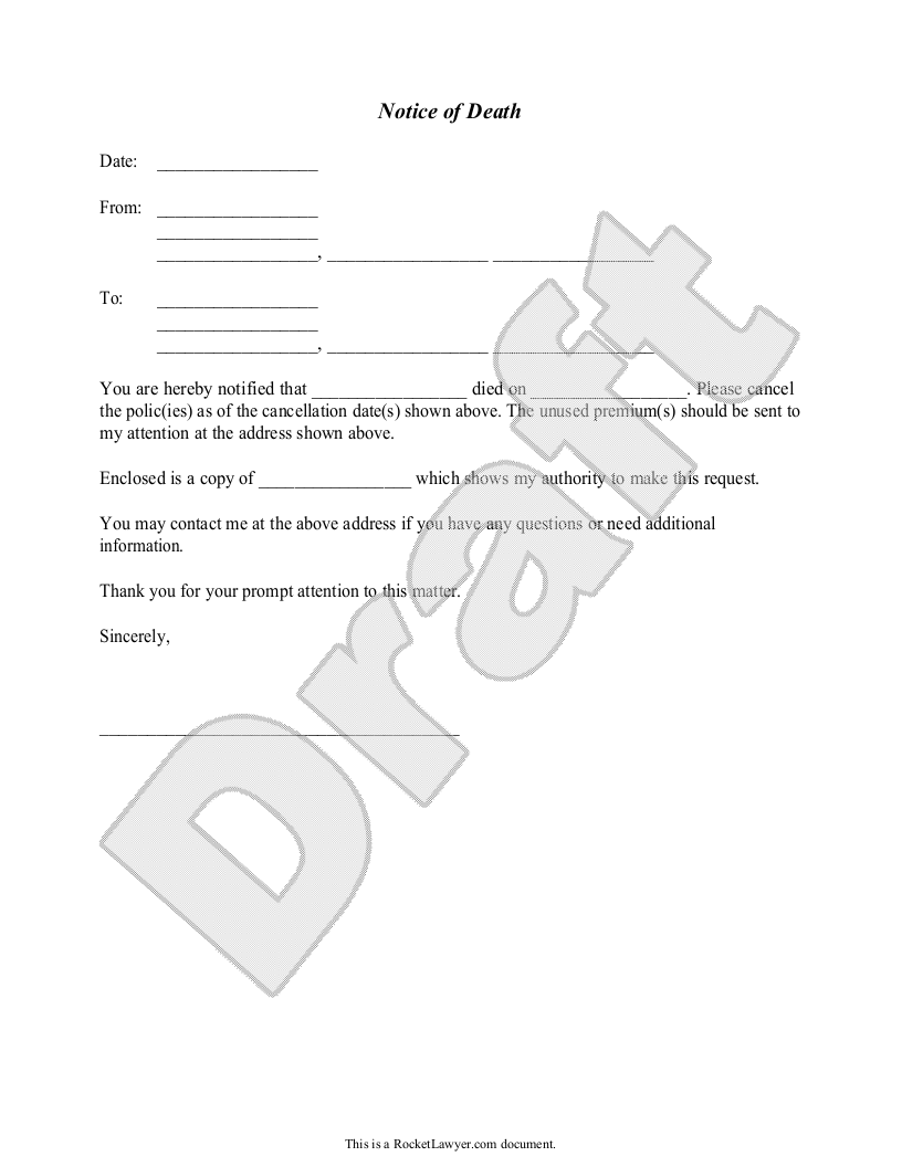 Sample Notice of Death to an Insurance Company Template