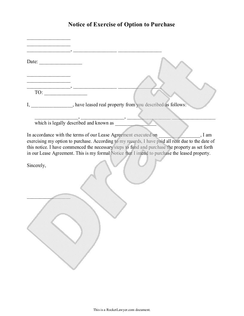 Sample Notice of Exercise of Option to Purchase Template