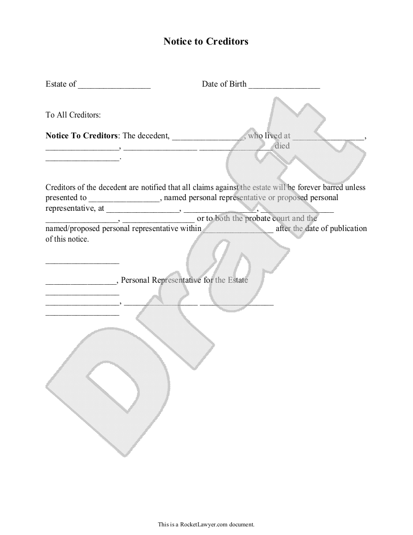 Sample Notice to Creditors Template
