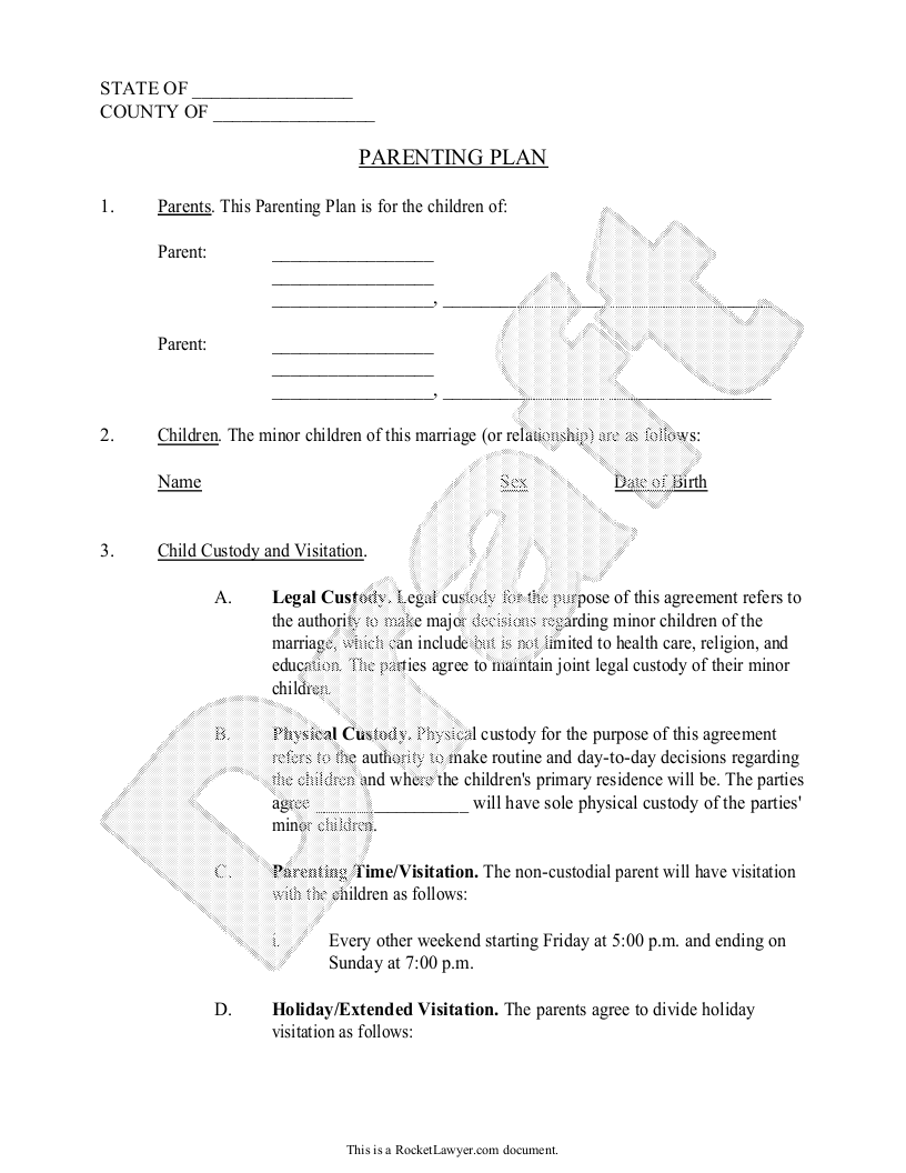Free Parenting Plan  Free to Print, Save & Download Intended For free joint custody agreement template