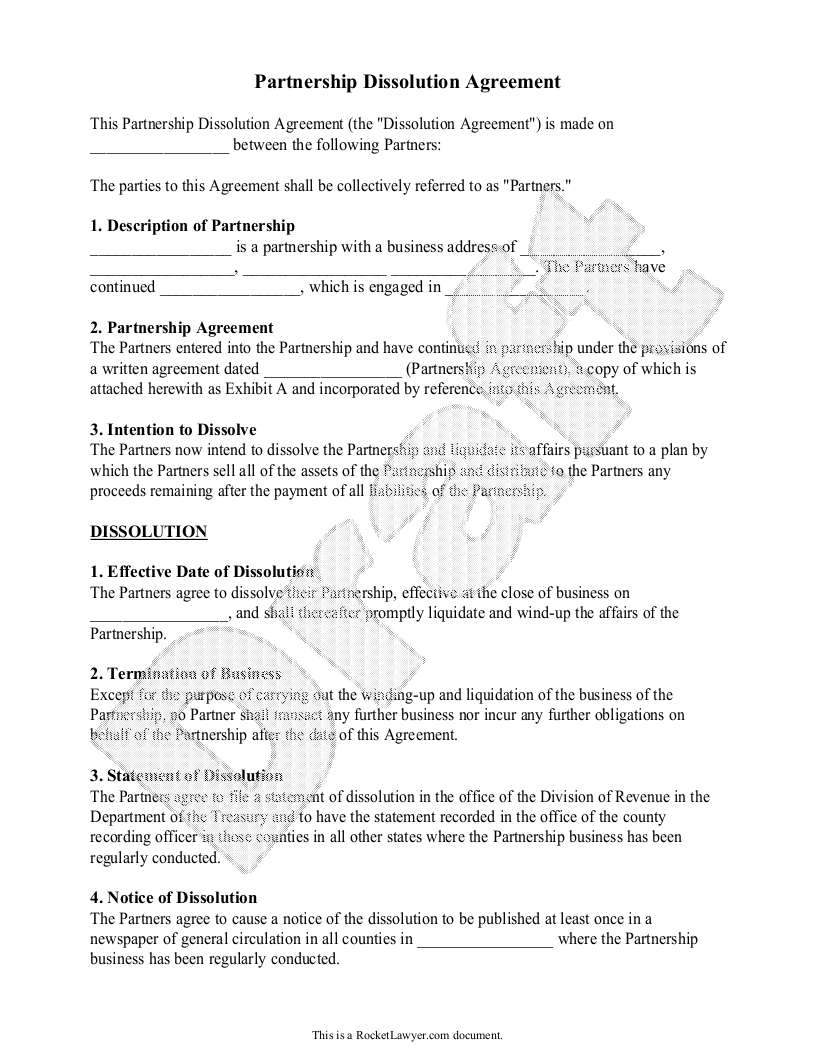 Free Partnership Dissolution Agreement  Free to Print, Save