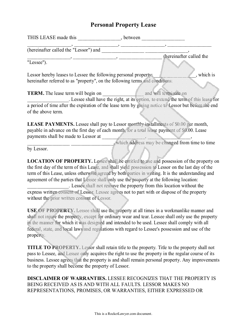 Sample Personal Property Lease Template