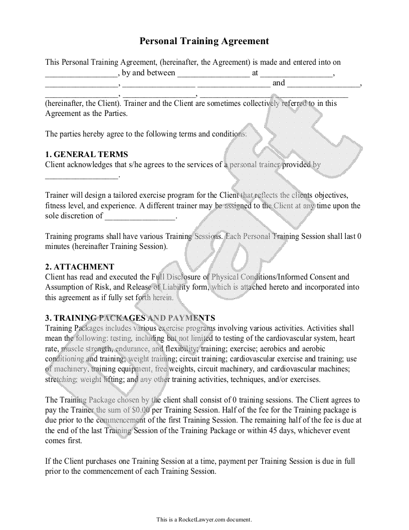 Free Personal Training Agreement Free to Print, Save