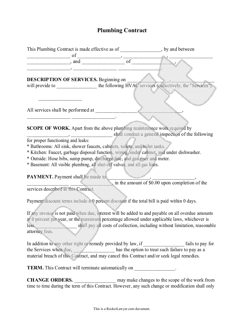 Free Plumbing Contract  Free to Print, Save & Download Intended For Plumbing Proposal Template