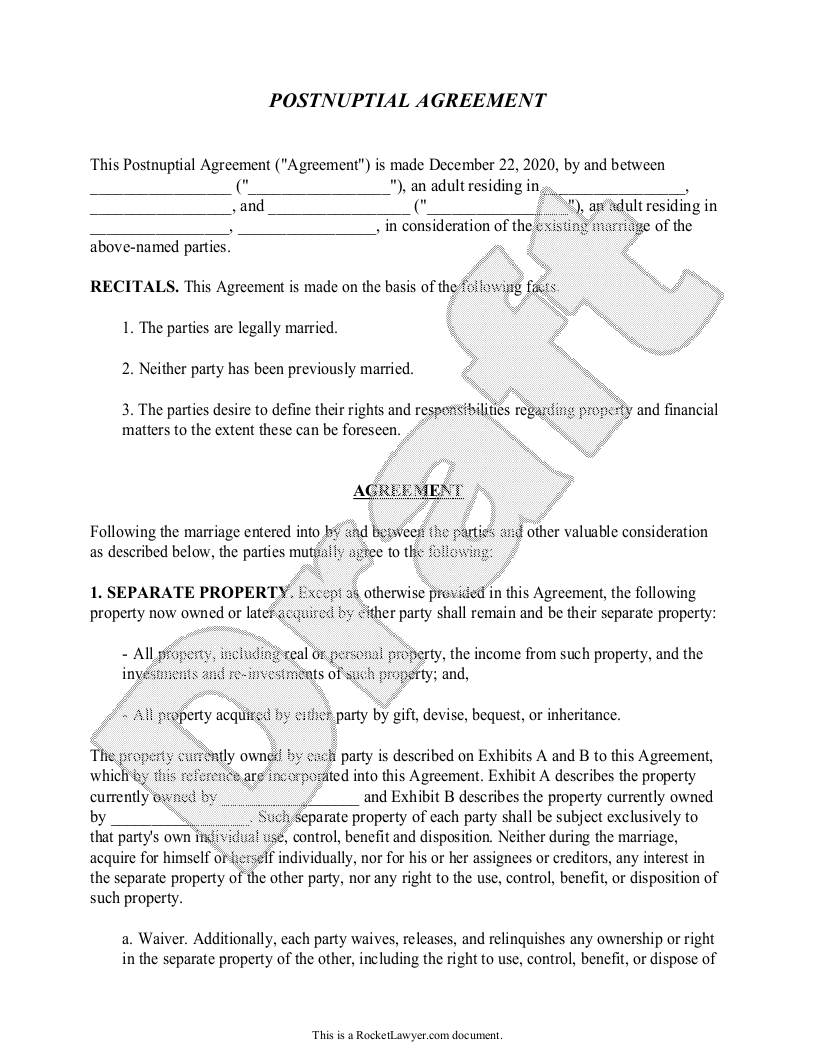 Free Postnuptial Agreement Free to Print, Save & Download