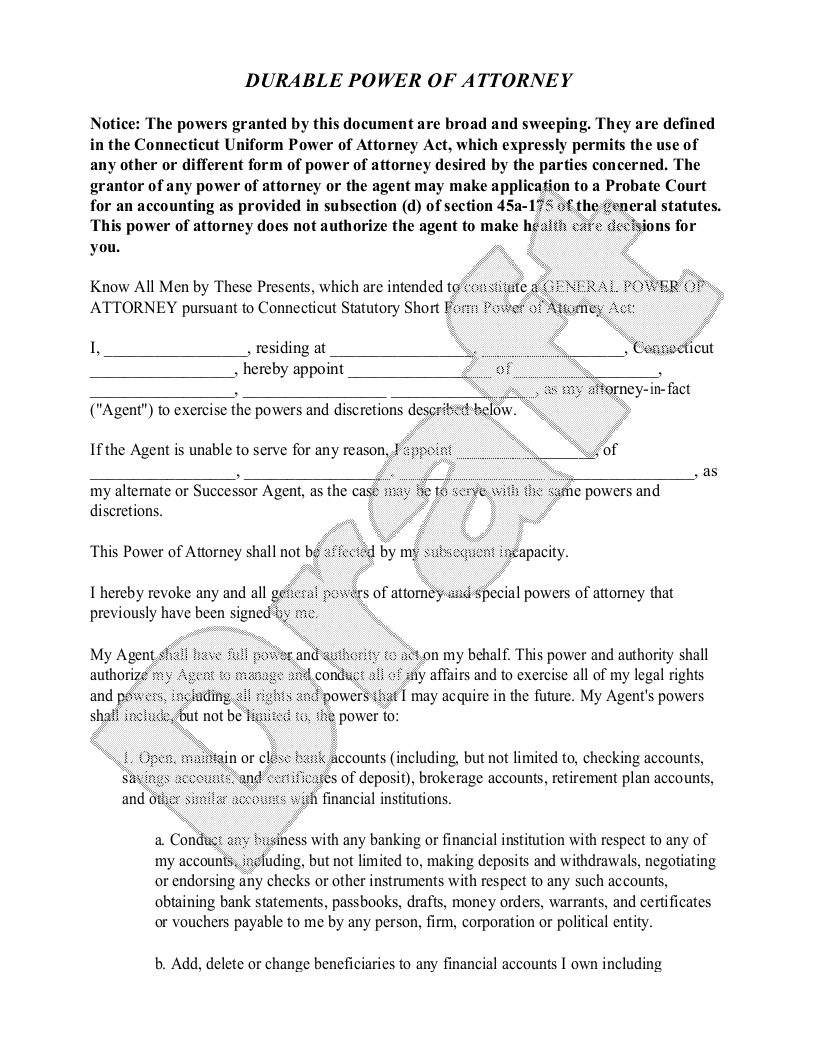 Sample Connecticut Power of Attorney Template