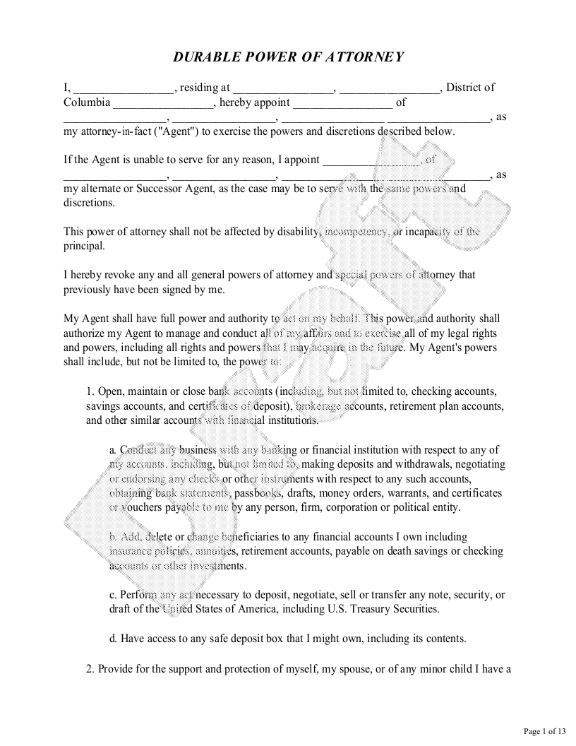 Sample District of Columbia Power of Attorney Template