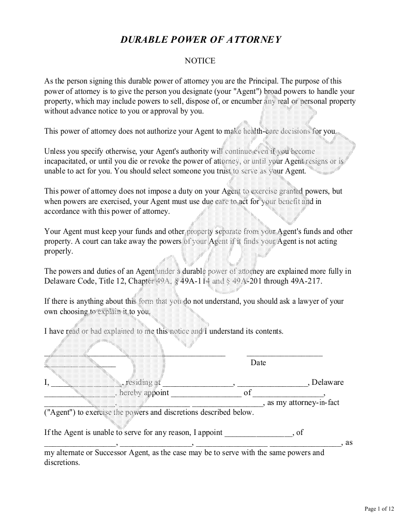 Sample Delaware Power of Attorney Template