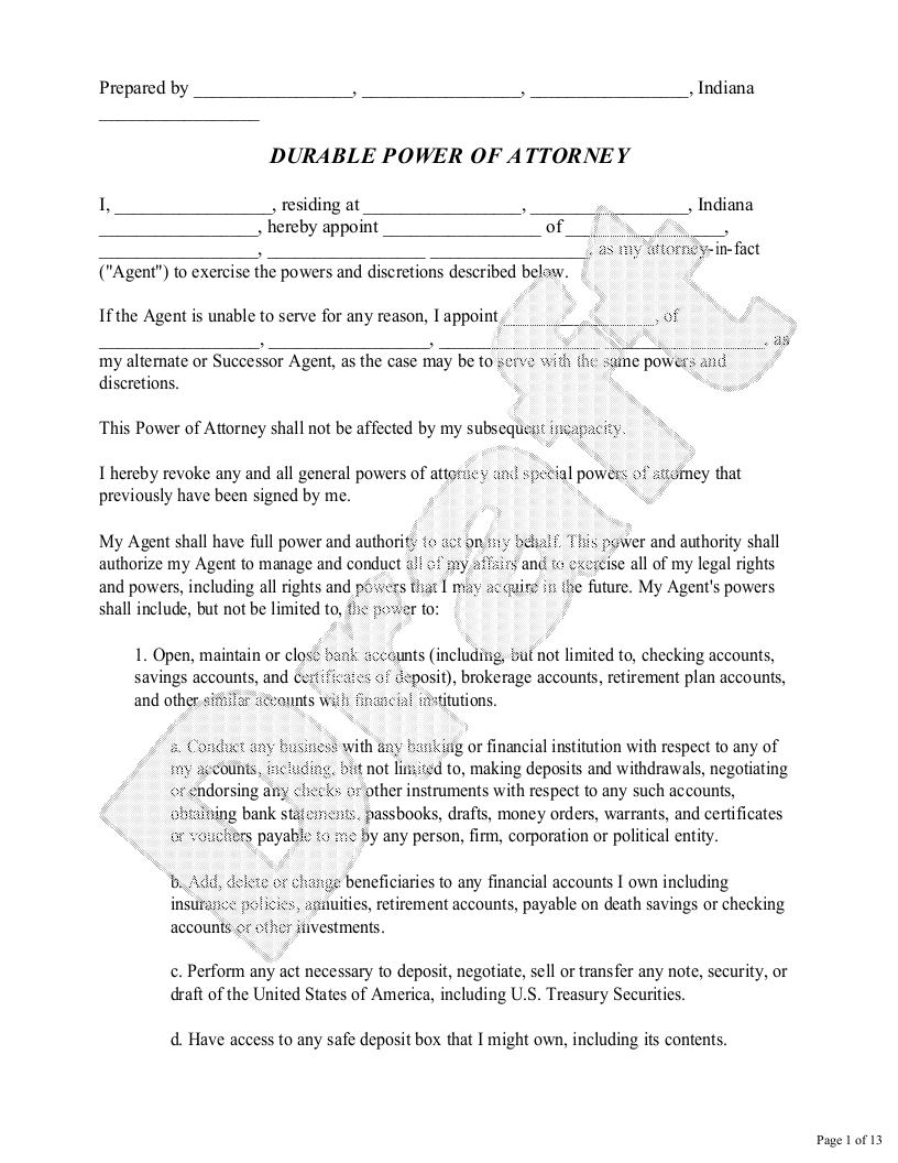 Sample Indiana Power of Attorney Template