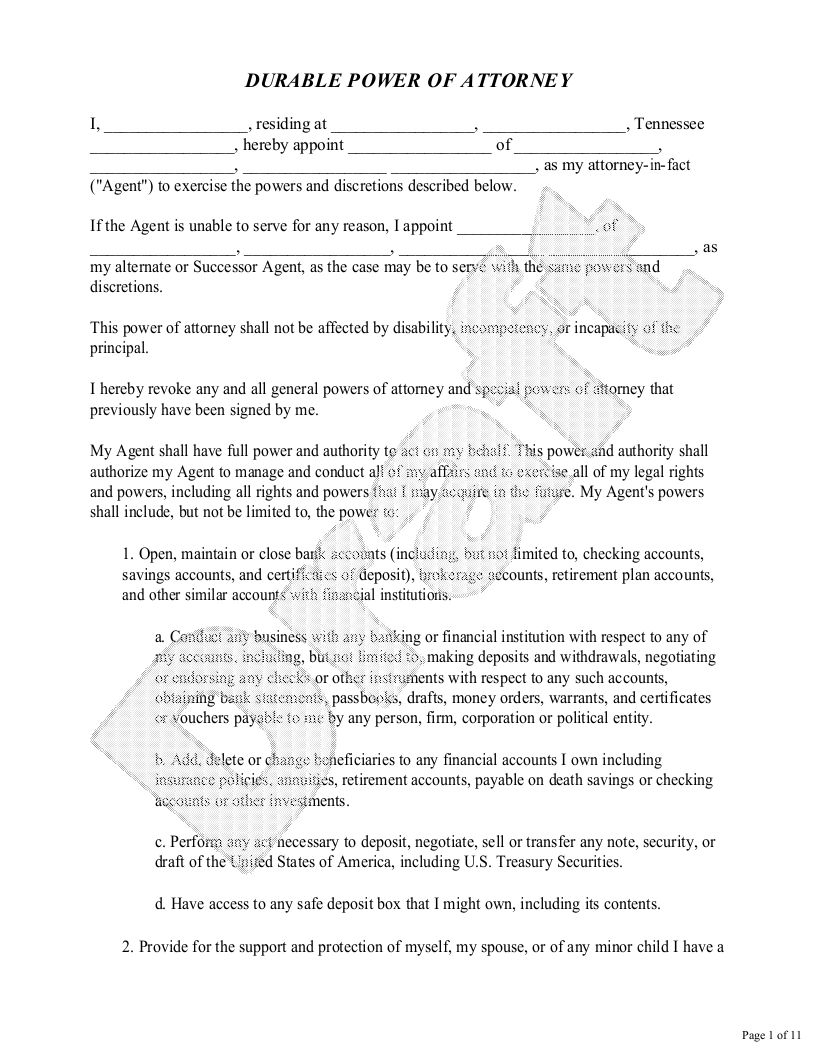 Sample Tennessee Power of Attorney Template