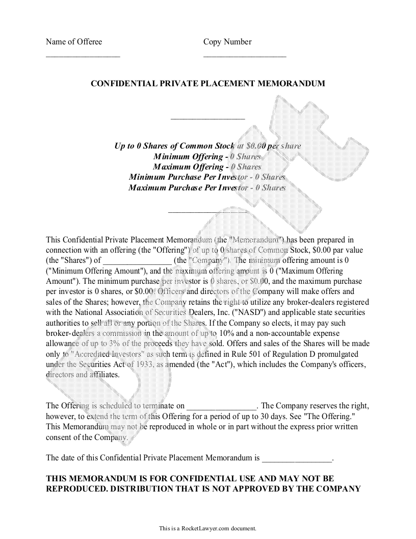 Free Private Placement Memorandum Free To Print Save Download
