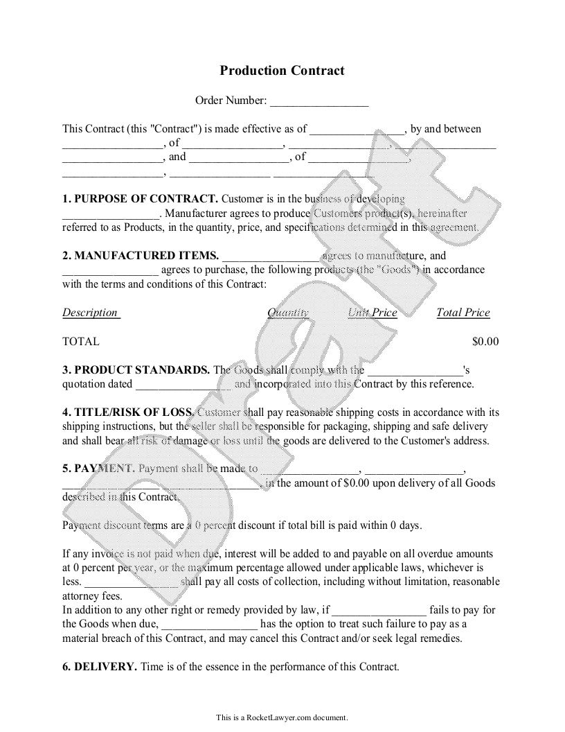 Free Production Contract  Free to Print, Save & Download Intended For manufacturing supply agreement templates