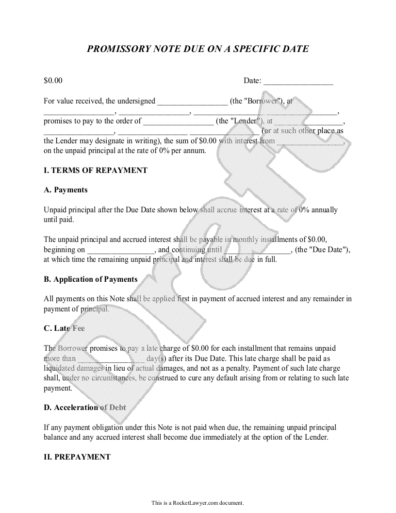 Free Promissory Note Due on a Specific Date  Free to Print, Save Regarding Free Promissory Note Template For Personal Loan