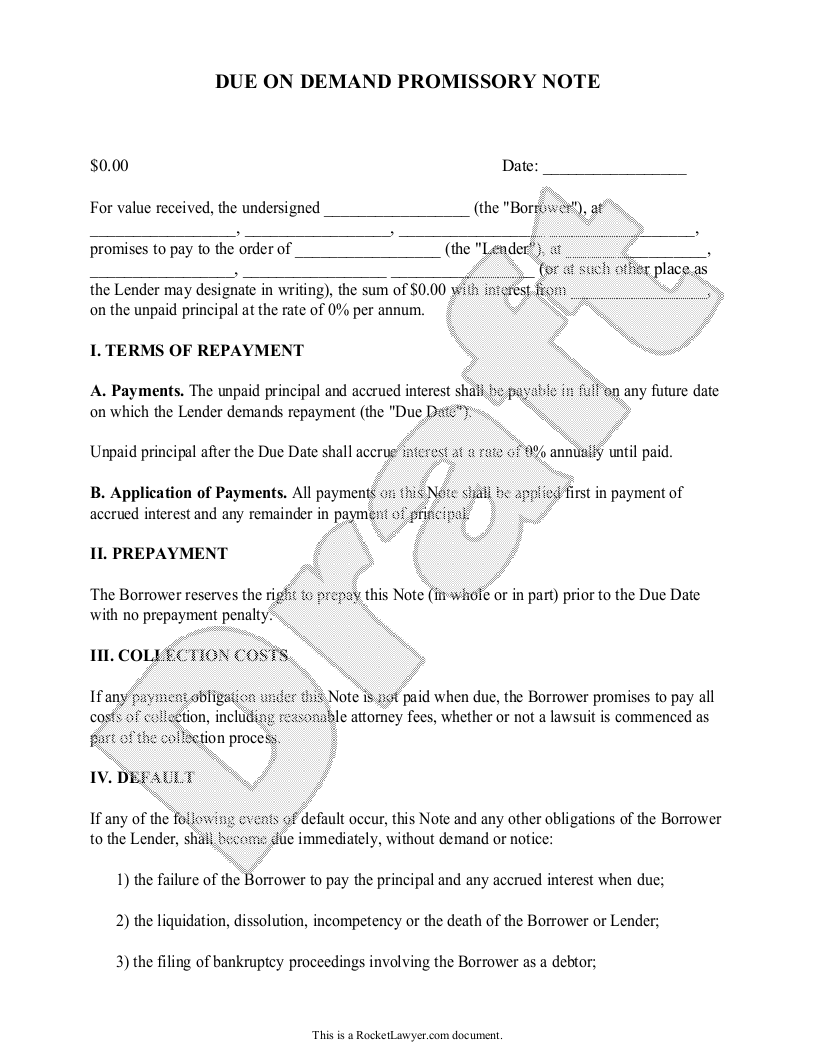 Free Promissory Note Due on Demand  Free to Print, Save & Download For Note Payable Template