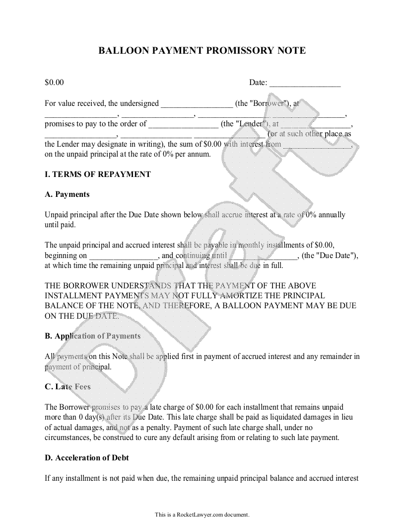 Sample Promissory Note with Balloon Payments Template