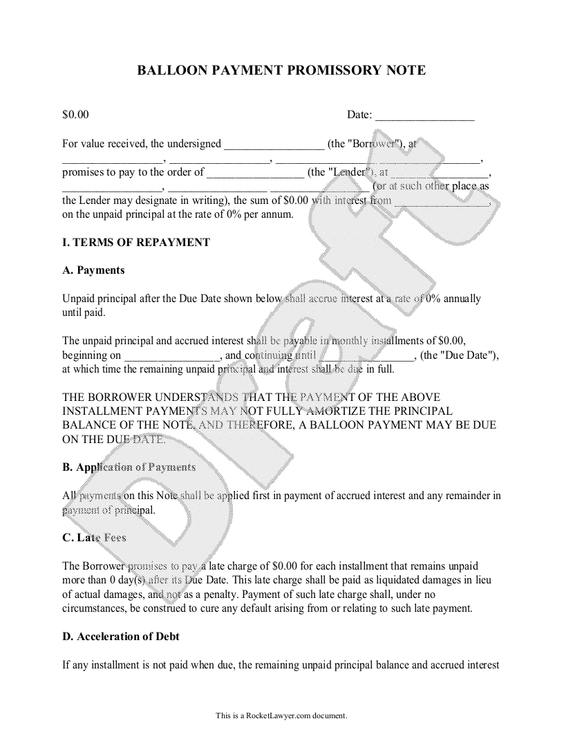 Free Promissory Note with Balloon Payments  Free to Print, Save For Auto Promissory Note Template