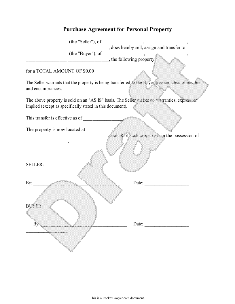 Free Purchase Agreement for Personal Property  Free to Print Pertaining To share purchase agreement template uk