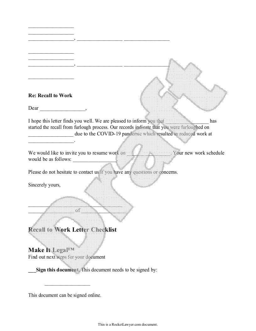 Sample Recall to Work Letter Template