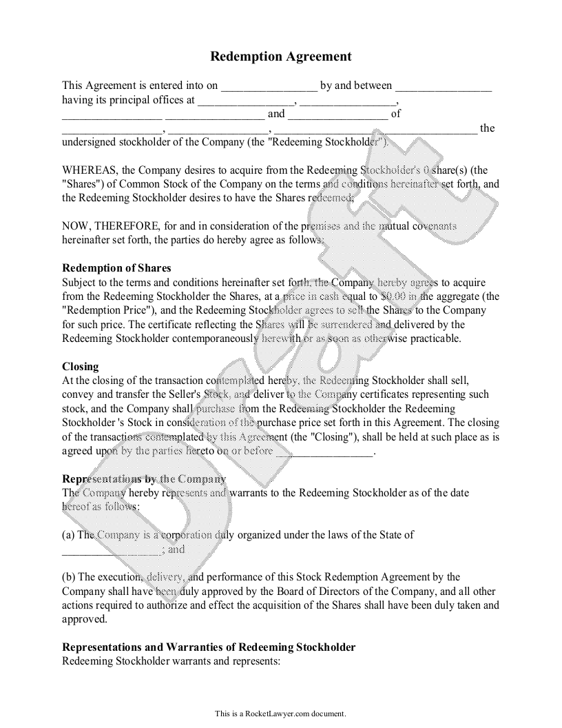 Sample Redemption Agreement Template