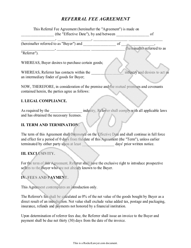 Free Referral Fee Agreement  Free to Print, Save & Download For share purchase agreement template singapore