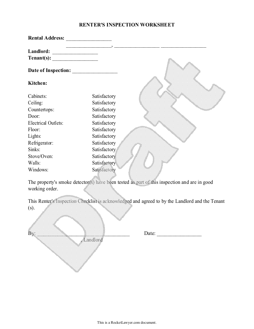 Sample Renter's Inspection Worksheet Template