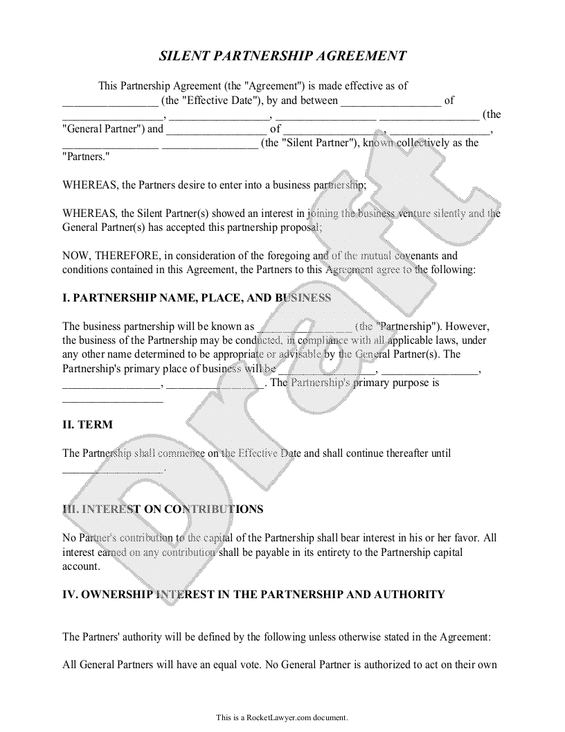 Free Silent Partnership Agreement Free to Print, Save & Download Inside free simple general partnership agreement template Free Silent Partnership Agreement Free to Print, Save & Download Inside free simple general partnership agreement template