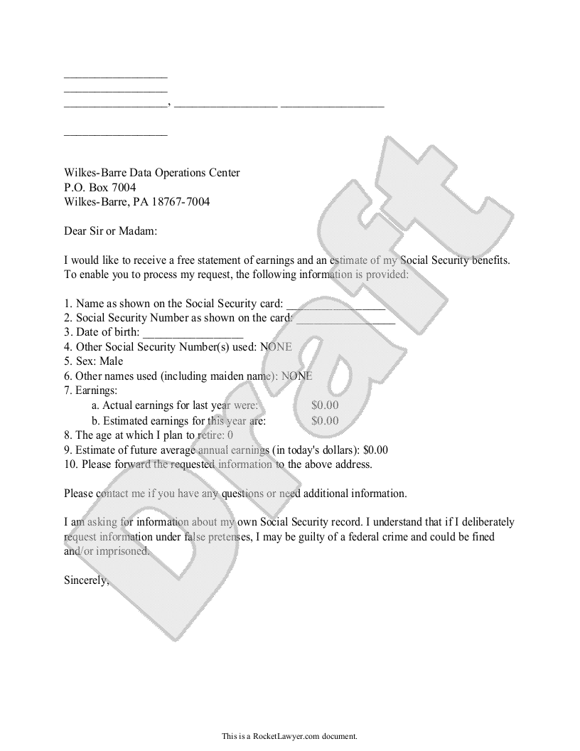 Sample Social Security Benefits Letter Template