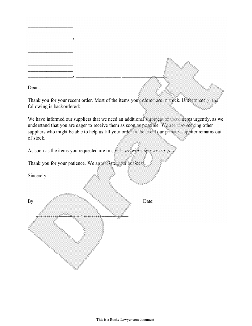Free Sorry for Out of Stock Item Letter Rocket Lawyer