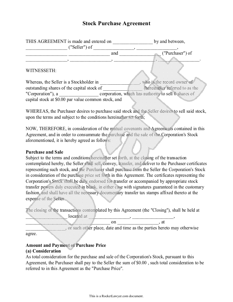 Free Stock Purchase Agreement  Free to Print, Save & Download Throughout s corp shareholder agreement template