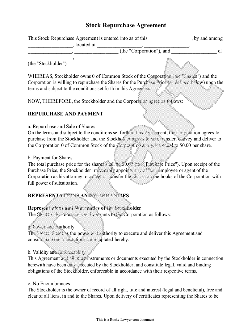 Free Stock Repurchase Agreement  Free to Print, Save & Download In share buy back agreement template