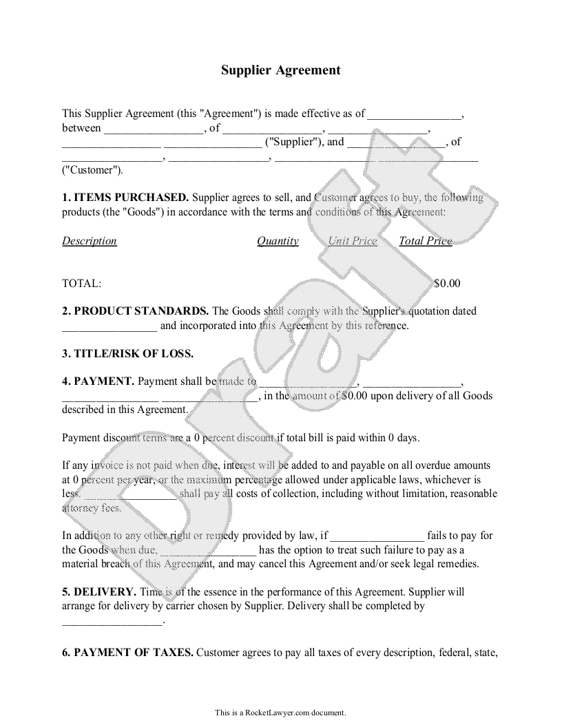 Free Supplier Agreement  Free to Print, Save & Download Pertaining To supplier service level agreement template