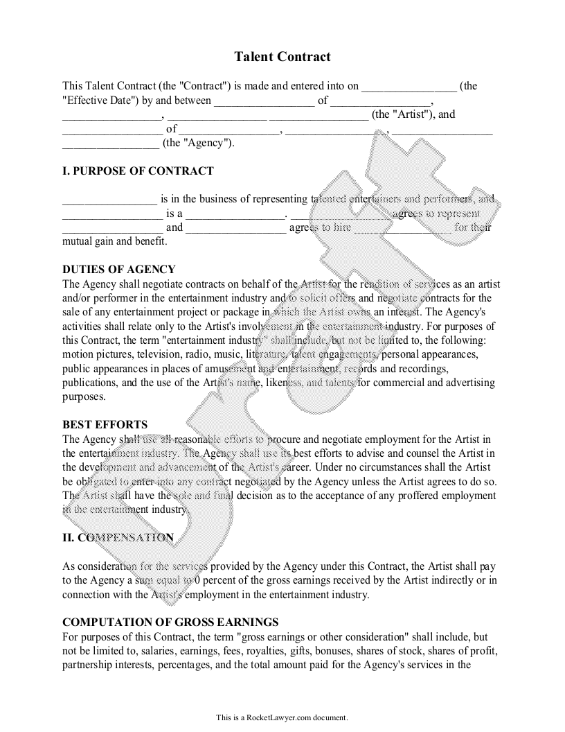 Free Talent Contract  Free to Print, Save & Download With Regard To tv advertising agreement template