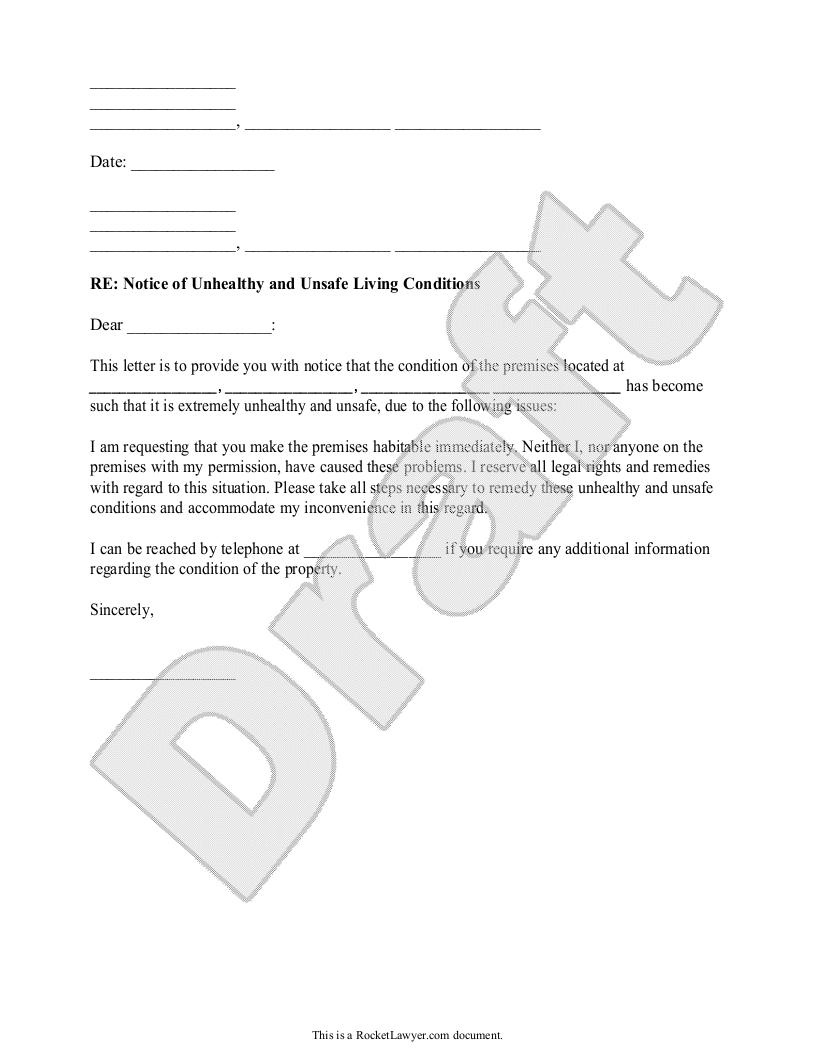 Sample Tenant's Notice of Unhealthy and Unsafe Conditions Template