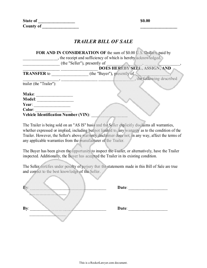 Free Trailer Bill of Sale  Free to Print, Save & Download In legal bill of sale template