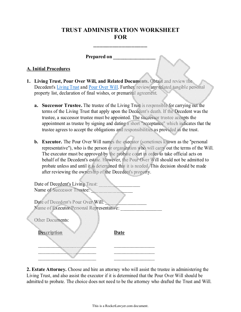 Sample Trust Administration Worksheet Template
