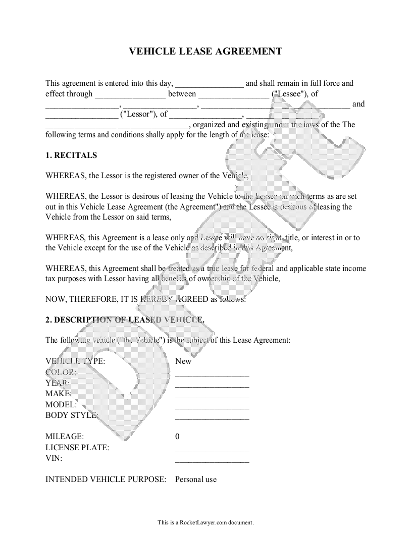 Free Vehicle Lease Agreement  Free to Print, Save & Download Regarding lease of vehicle agreement template
