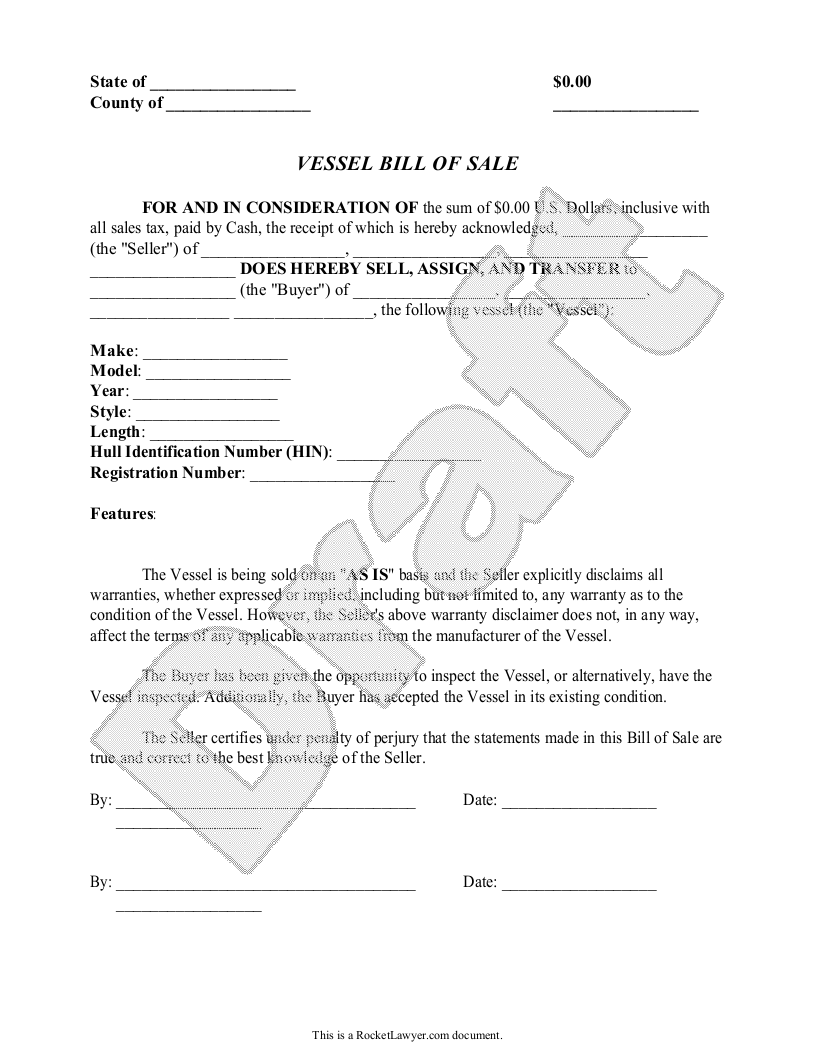 Free Vessel Bill of Sale  Free to Print, Save & Download