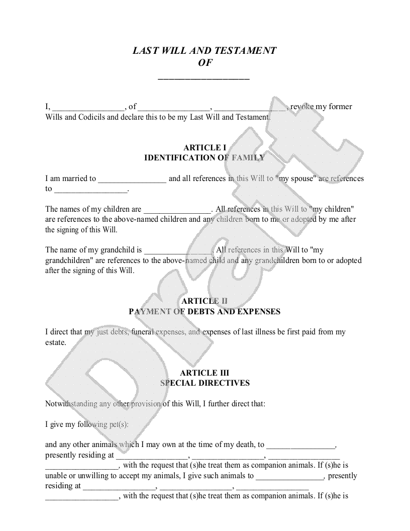 Last Will and Testament for grandparent with a grandchildren's trust