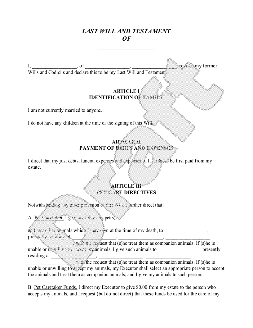 Last Will and Testament for single people with no children
