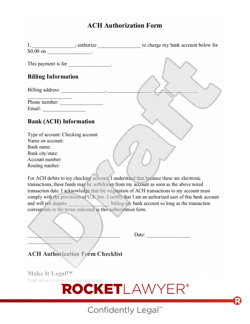ACH Authorization Form document preview
