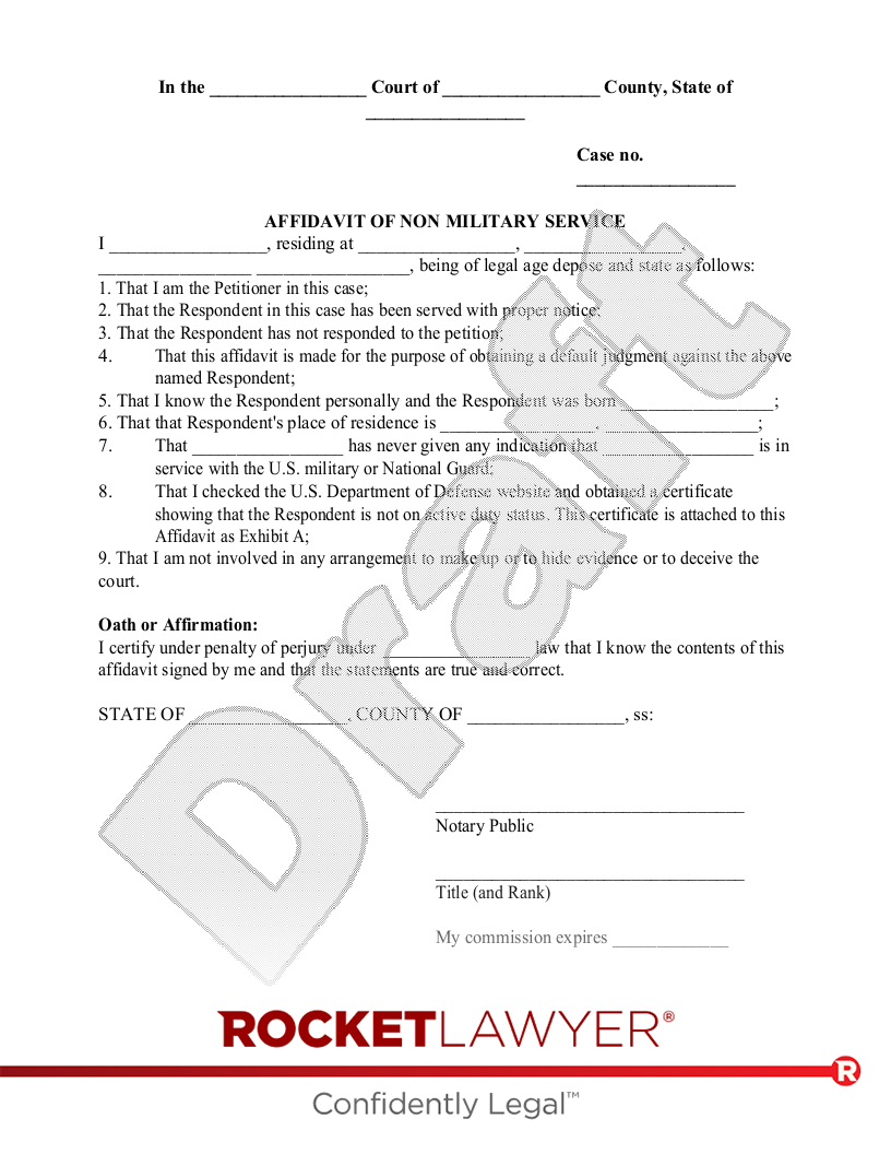 Affidavit of Non Military Service document preview