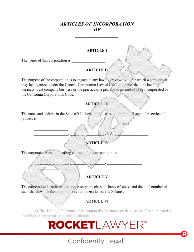 Articles of Incorporation for California document preview