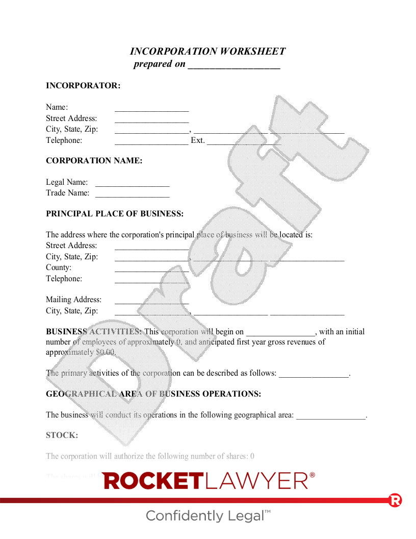 Articles of Incorporation Worksheet document preview